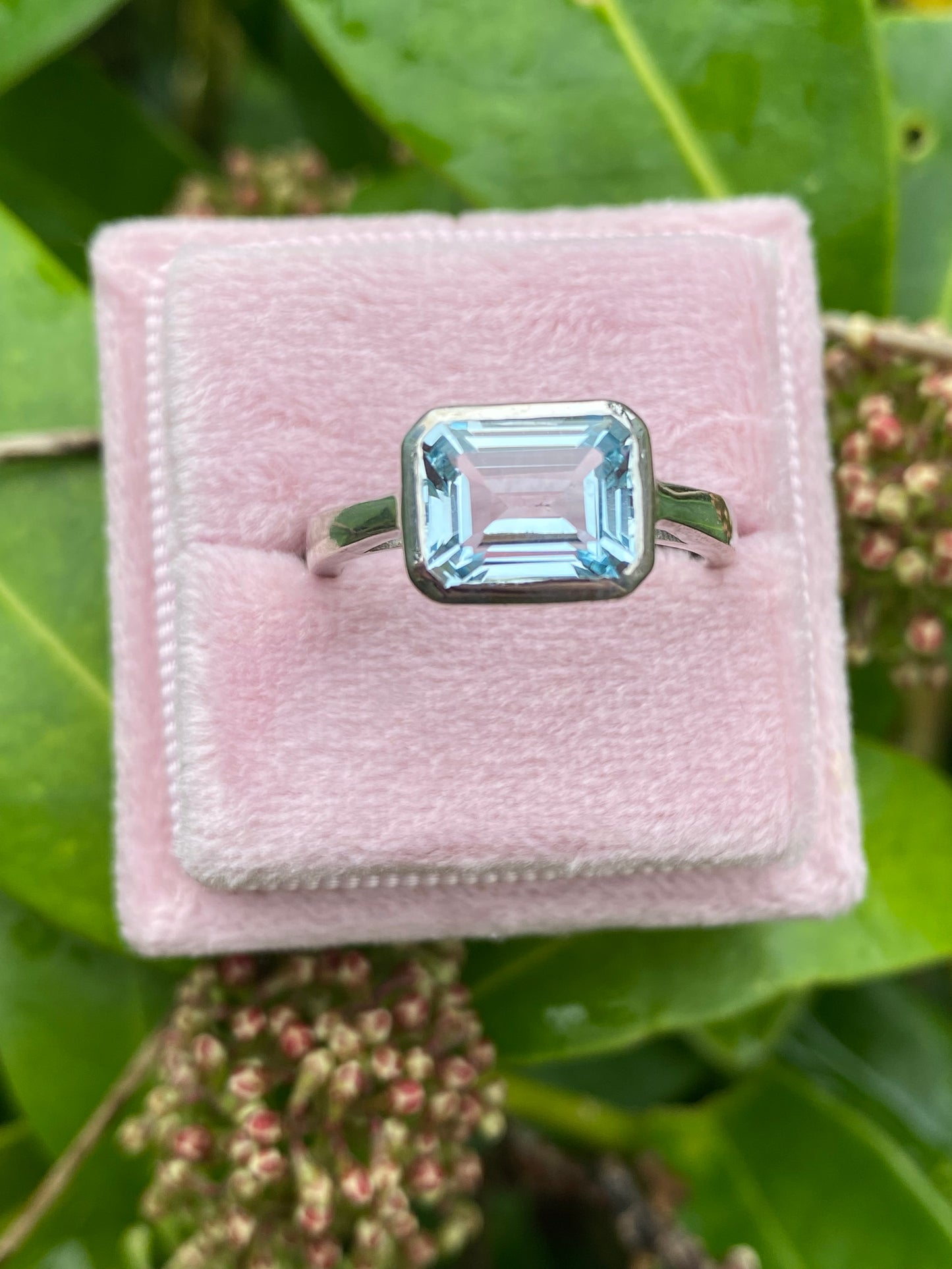 3.00 Carat Emerald Cut Blue Topaz East West Solitaire Ring in Sterling Silver