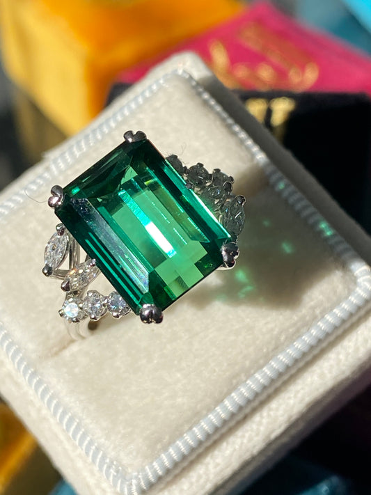 8.00 Carat Emerald Cut Green Tourmaline and Diamond Ring in 18ct White Gold