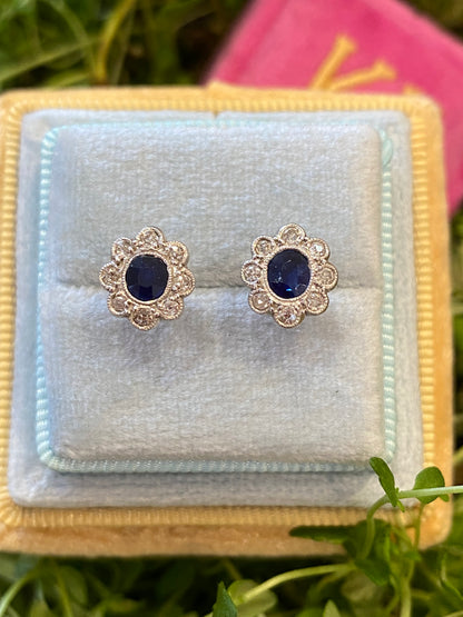 Antique Sapphire and Old Cut Diamond Halo Earrings in 18ct White Gold