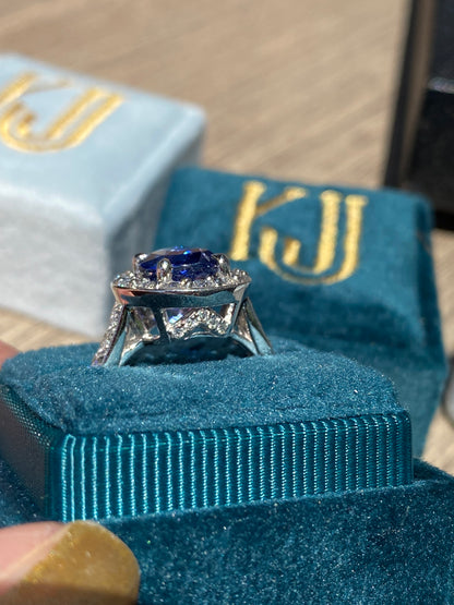 3.01 Carat Blue Ceylon Sapphire and Natural Diamond Halo Ring in Platinum