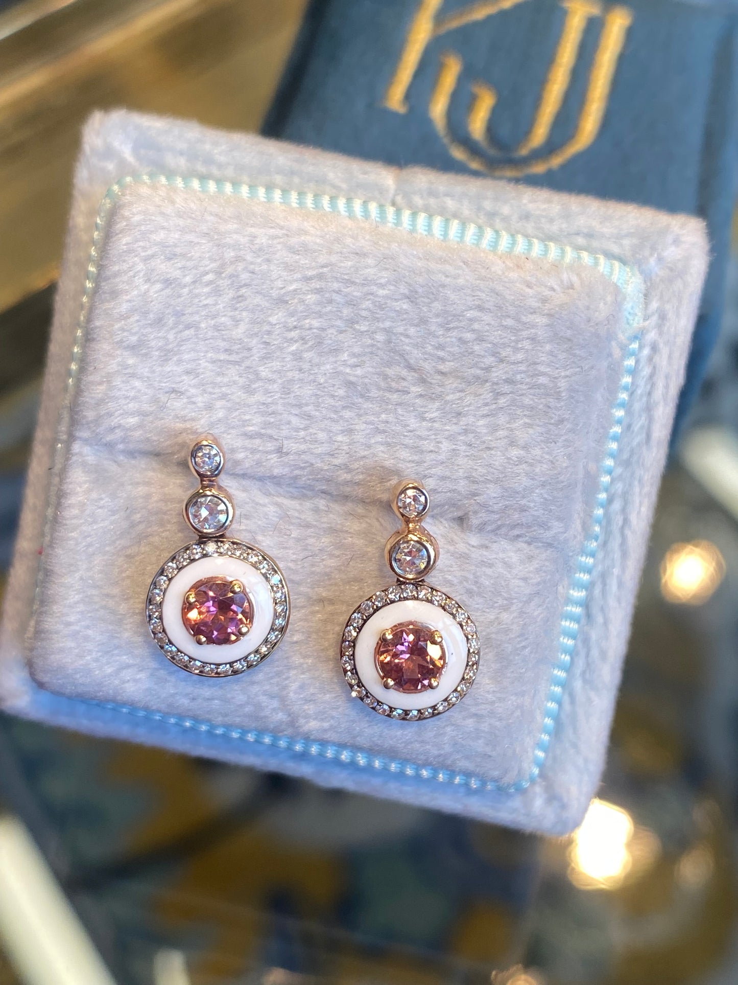 Pink Tourmaline, Diamond and Enamel Drop Earrings in 18ct Yellow Gold