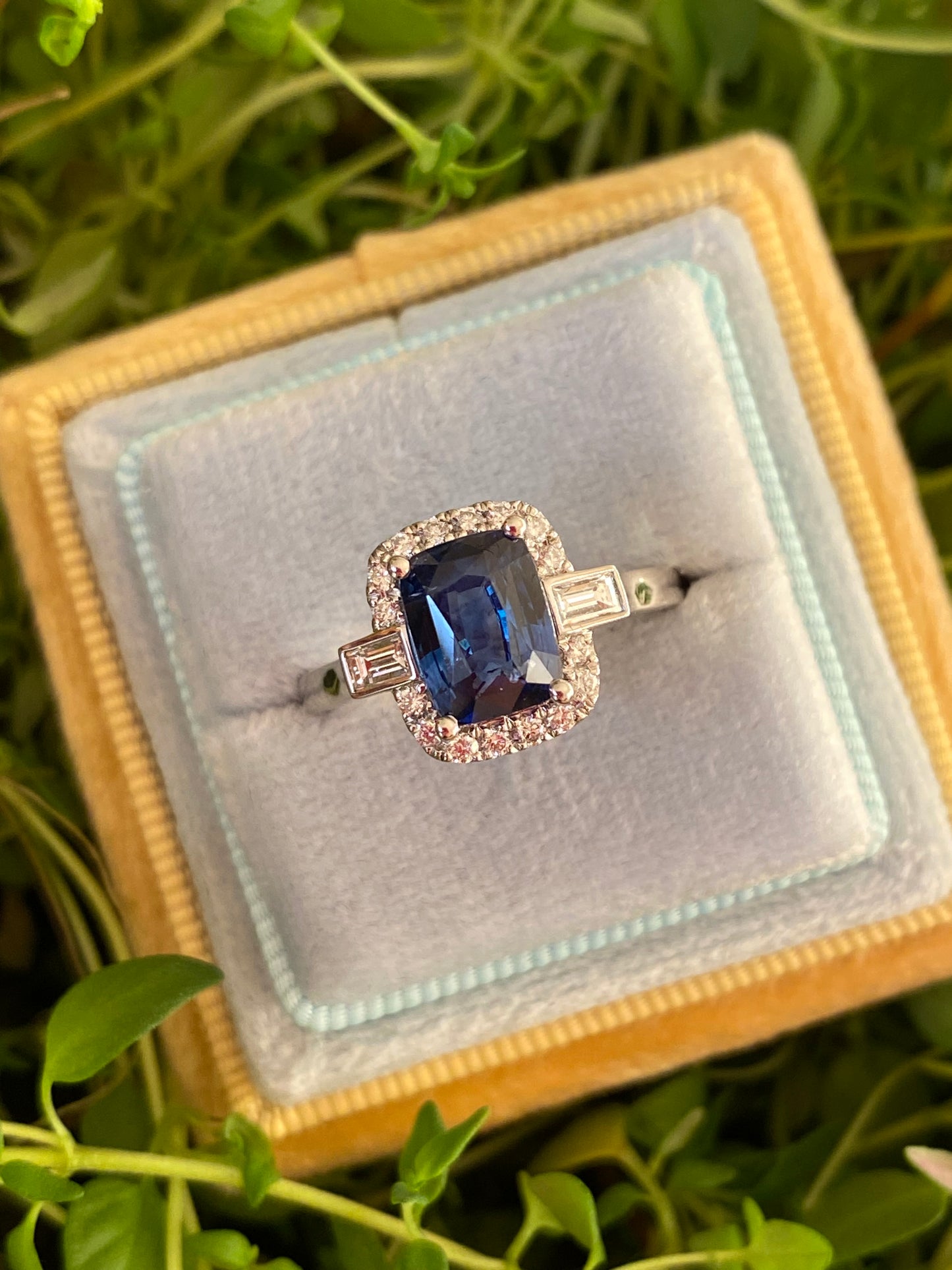 2.59 Carat Emerald Cut Sapphire and Natural Diamond Halo Ring in Platinum