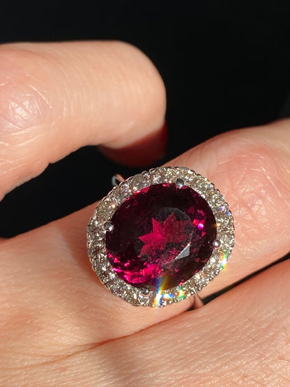 7.50 Carat Rhodolite Garnet and Diamond Halo Cocktail Ring in 18ct White Gold