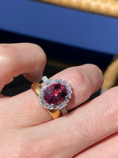 3.13 Carat Cut Pink Tourmaline and Natural Diamond Ring in Platinum