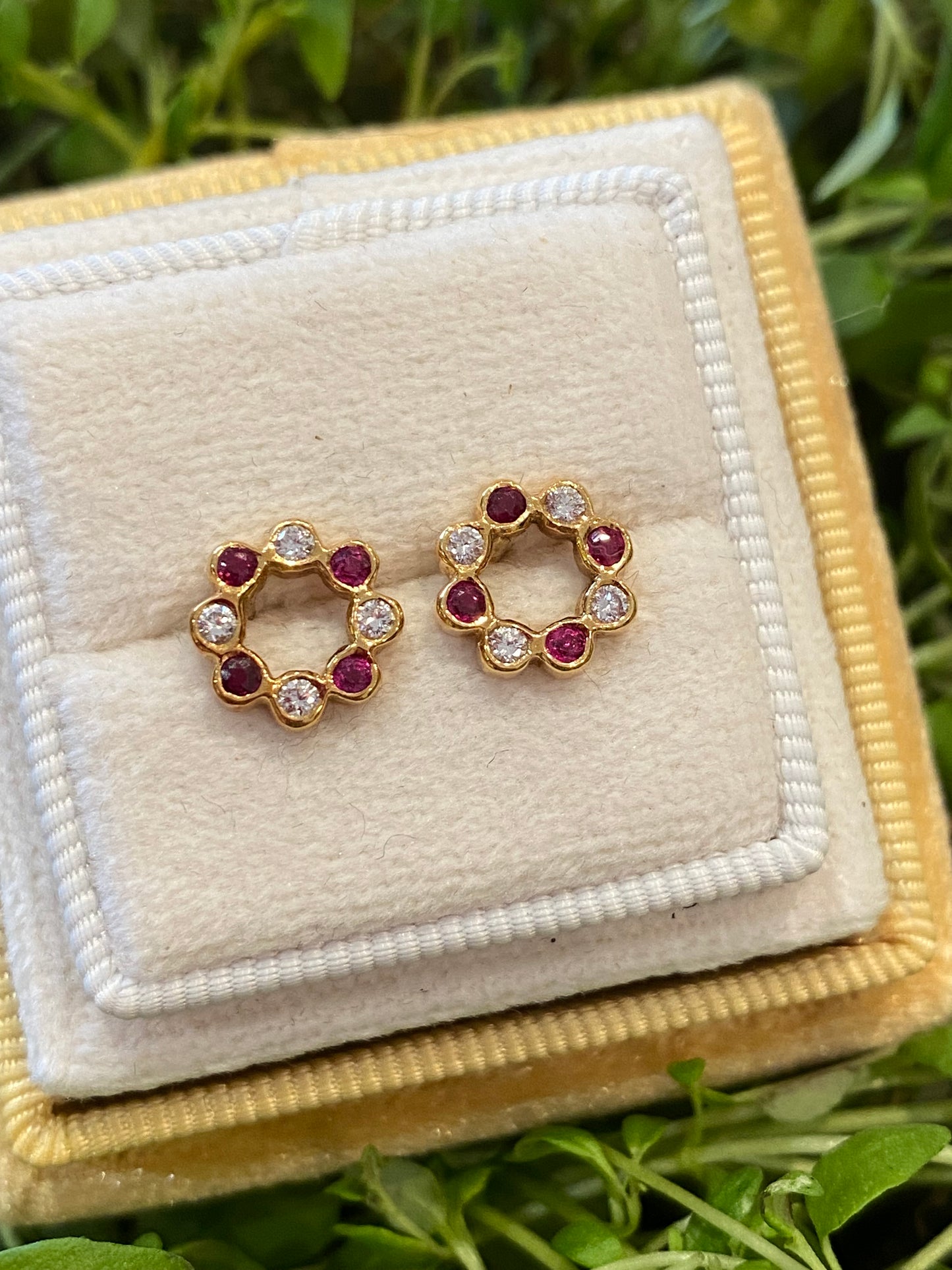 Ruby and Diamond Christmas Wreath Earrings in 18ct Yellow Gold