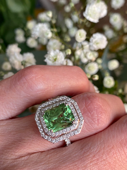 4.57ctw Tsavorite Garnet and Diamond Halo Engagement Ring in Platinum