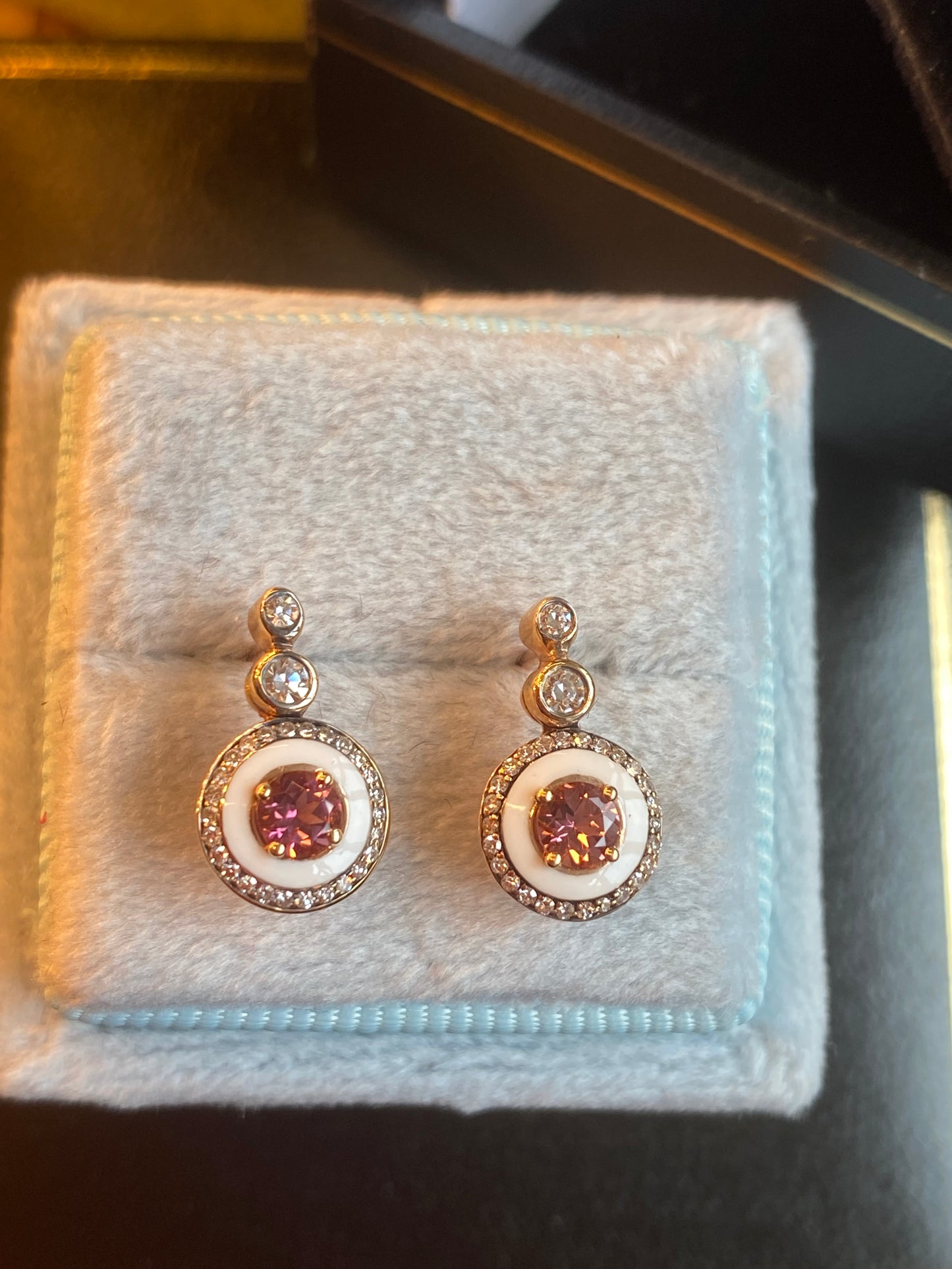 Pink Tourmaline, Diamond and Enamel Drop Earrings in 18ct Yellow Gold