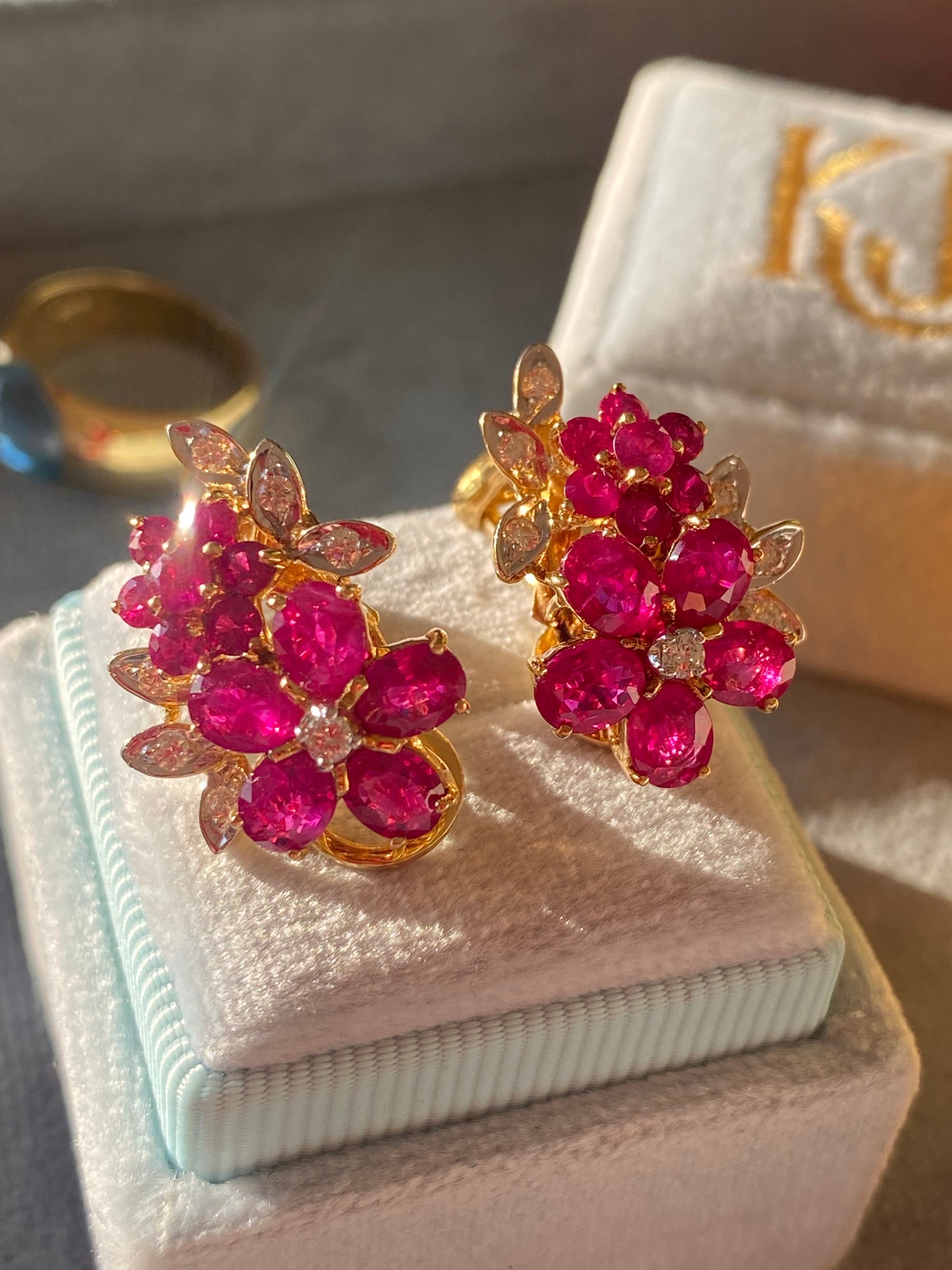 Vintage Burmese Ruby and Diamond Earrings in 18ct Yellow Gold