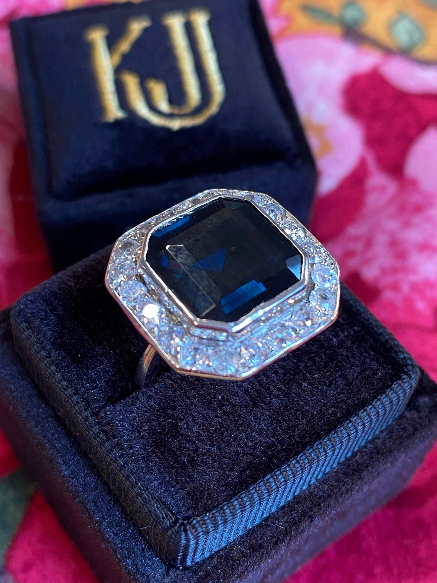 9.50 CTW Midnight Blue Sapphire and Natural Diamond Antique Art Deco Engagement Ring in Platinum