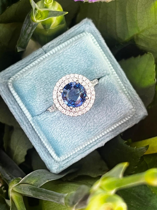 2.56 CTW Blue Ceylon Sapphire and Natural Diamond Double Halo Ring in Platinum