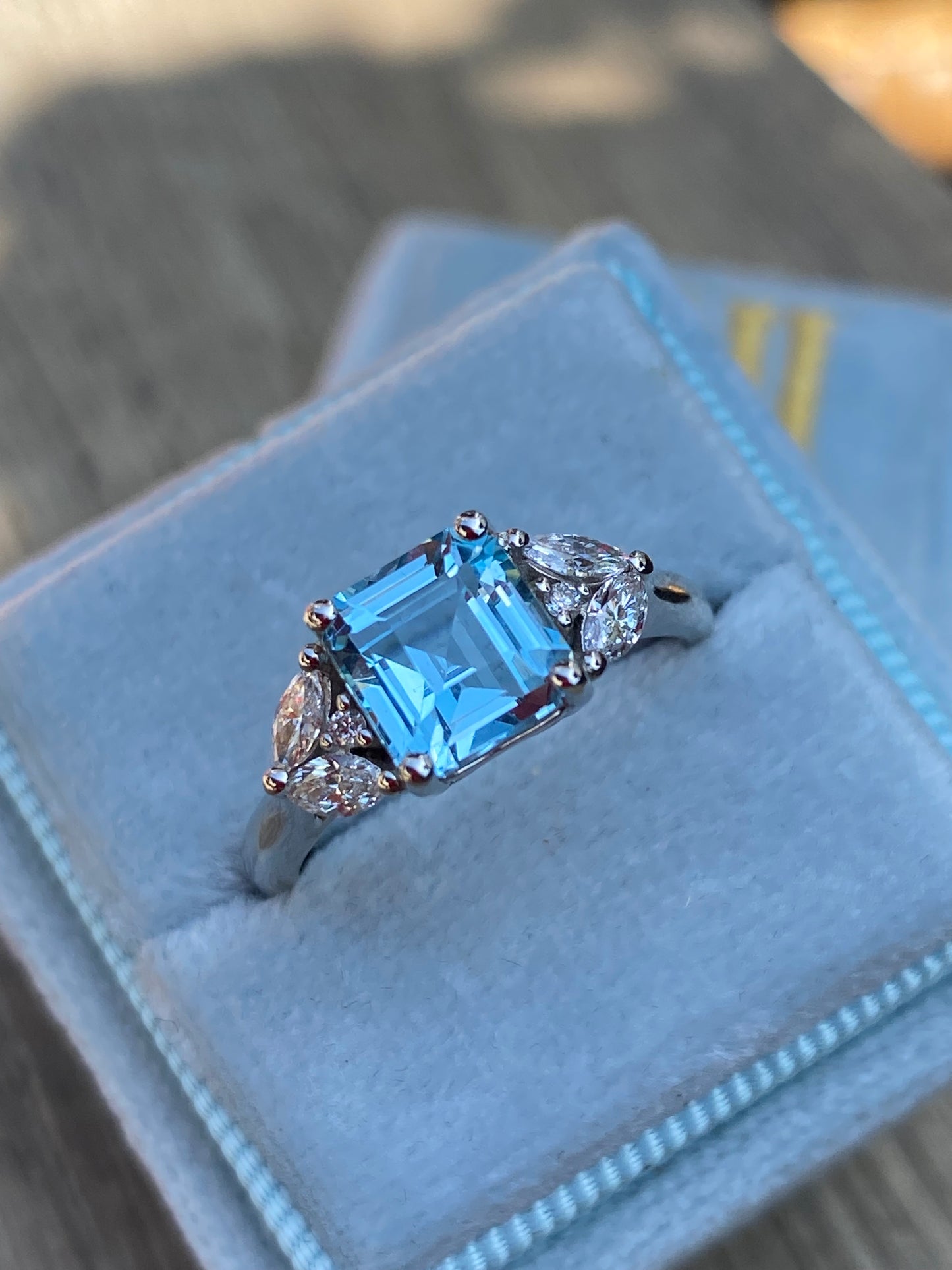 1.40 Carat Aquamarine and Natural Diamond Three-Stone Ring in Platinum