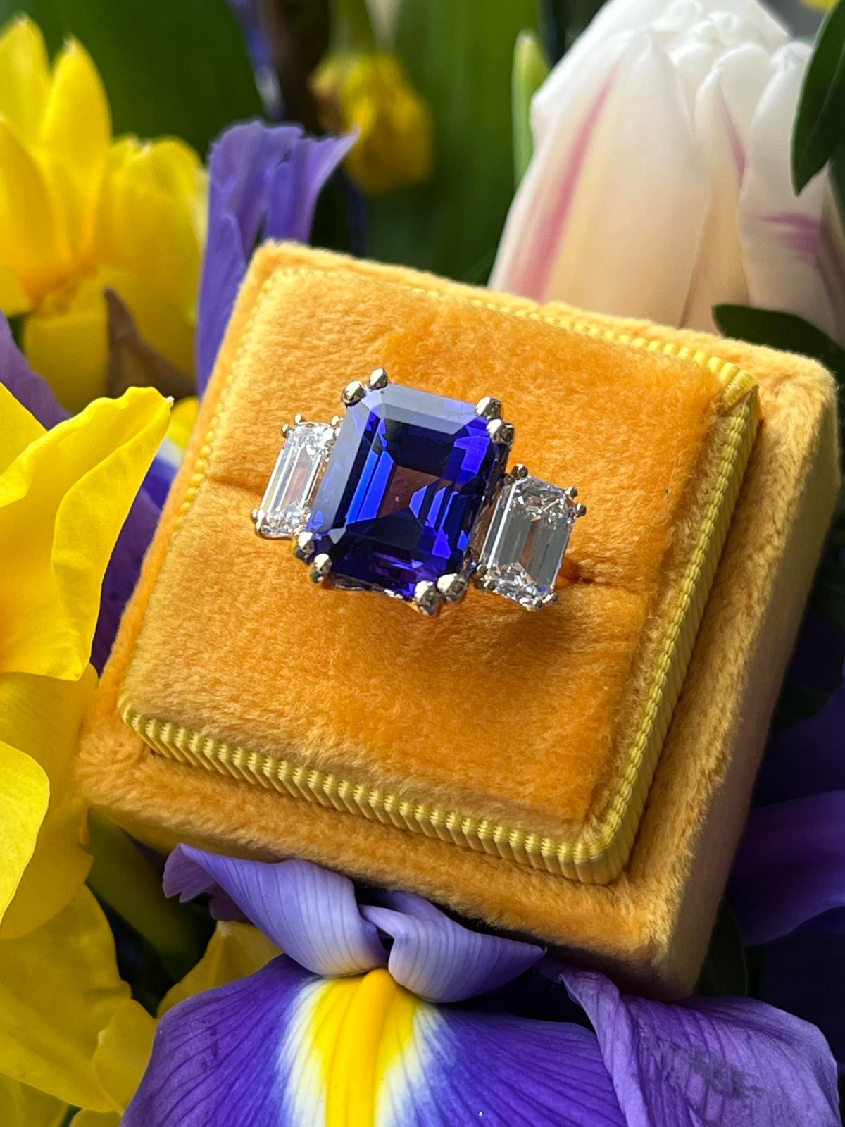 6.79 Carat Emerald Cut Tanzanite and 2.00ctw Diamond Ring in 18ct Yellow Gold