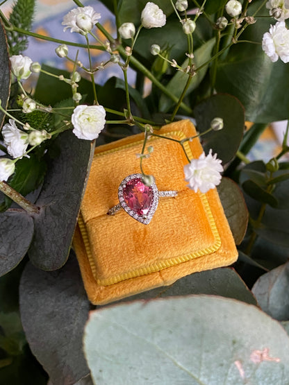 2.11 Carat Pear Cut Pink Tourmaline and Natural Diamond Ring in Platinum