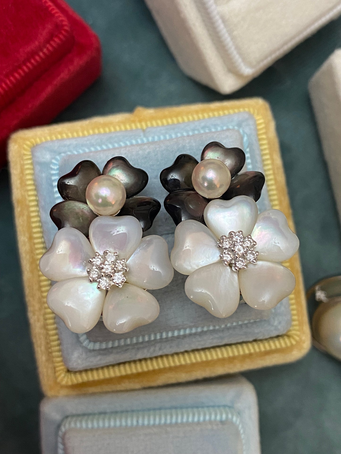 Statement Pearl, Diamond, and Mother of Pearl Flower Earrings in 18ct White Gold