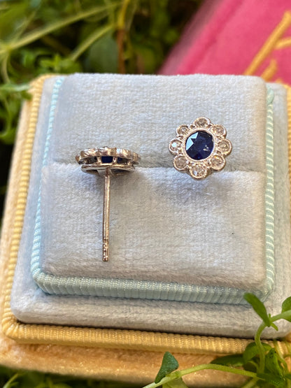 Antique Sapphire and Old Cut Diamond Halo Earrings in 18ct White Gold