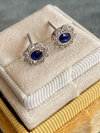 Antique Sapphire and Old Cut Diamond Halo Earrings in 18ct White Gold