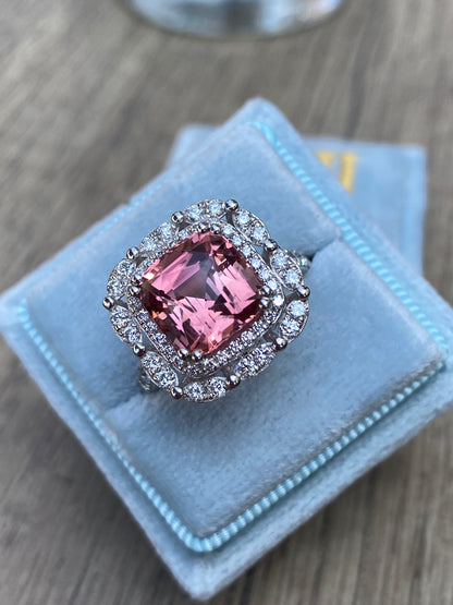 4.39 Carat Cushion Cut Pink Tourmaline and Natural Diamond Ring in Platinum