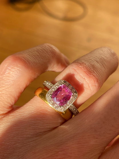 2.04 CTW Cushion Cut Pink Sapphire and Natural Diamond Halo Ring in Platinum