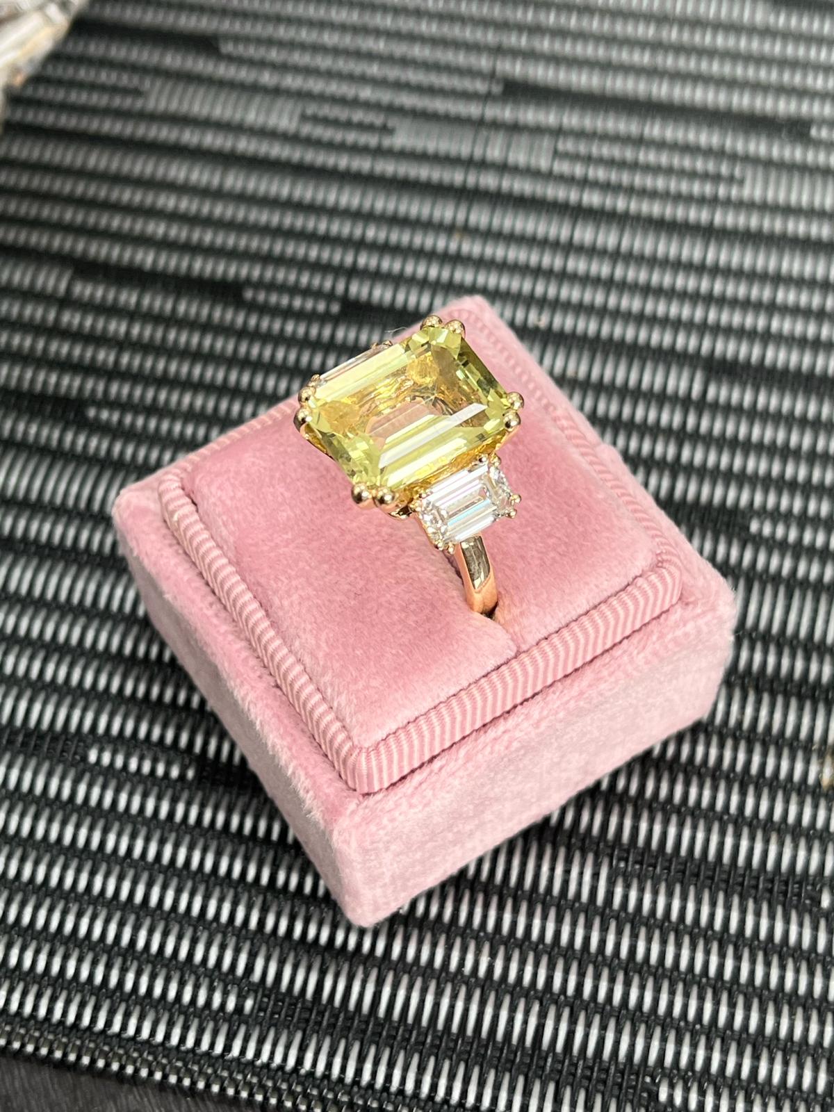 7.50 Carat Emerald Cut Yellow Aquamarine and 2.00ctw Diamond Ring in 18ct Yellow Gold