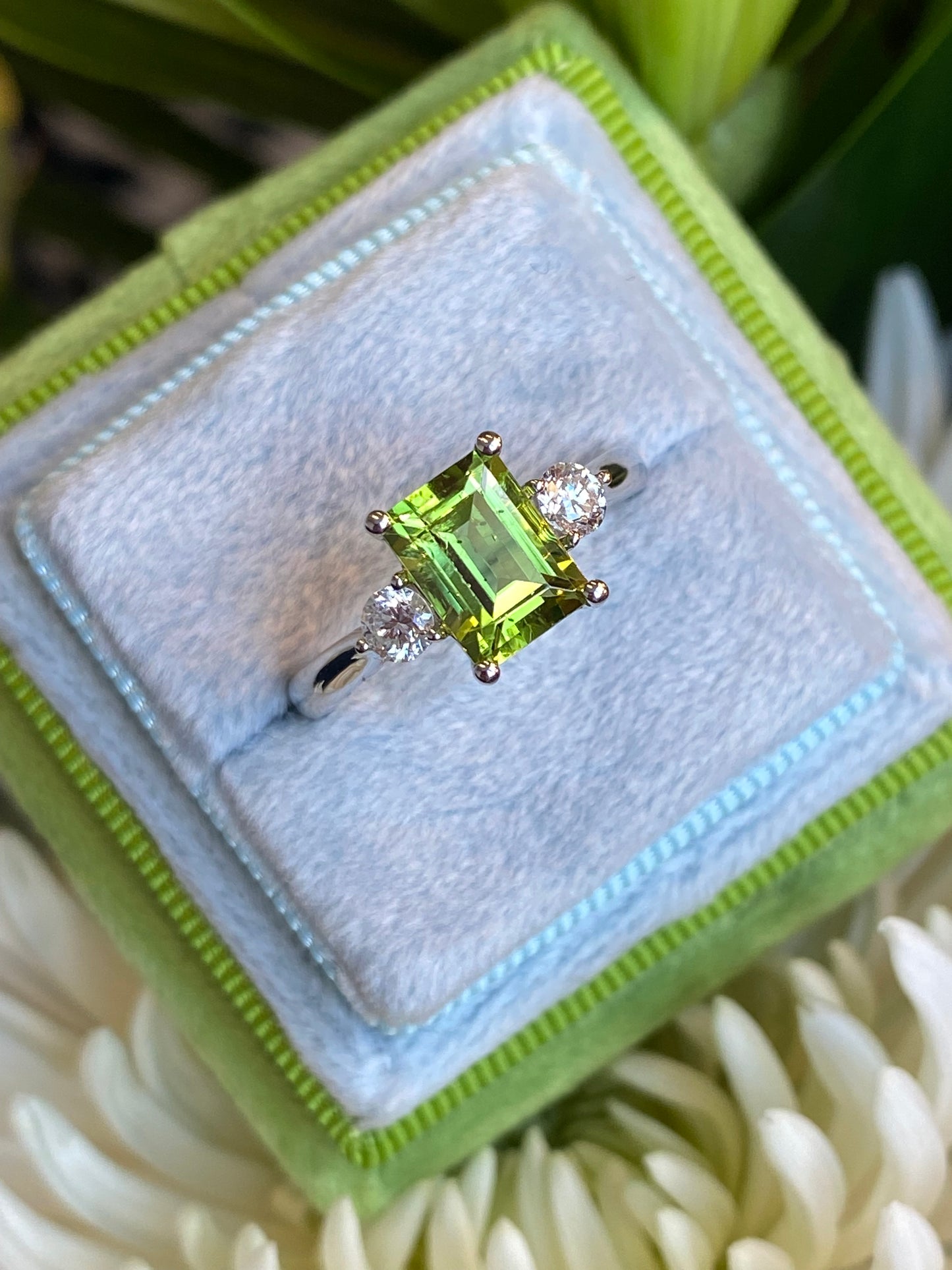 2.06 CTW Carat Peridot and Diamond Three Stone Engagement Ring in Platinum