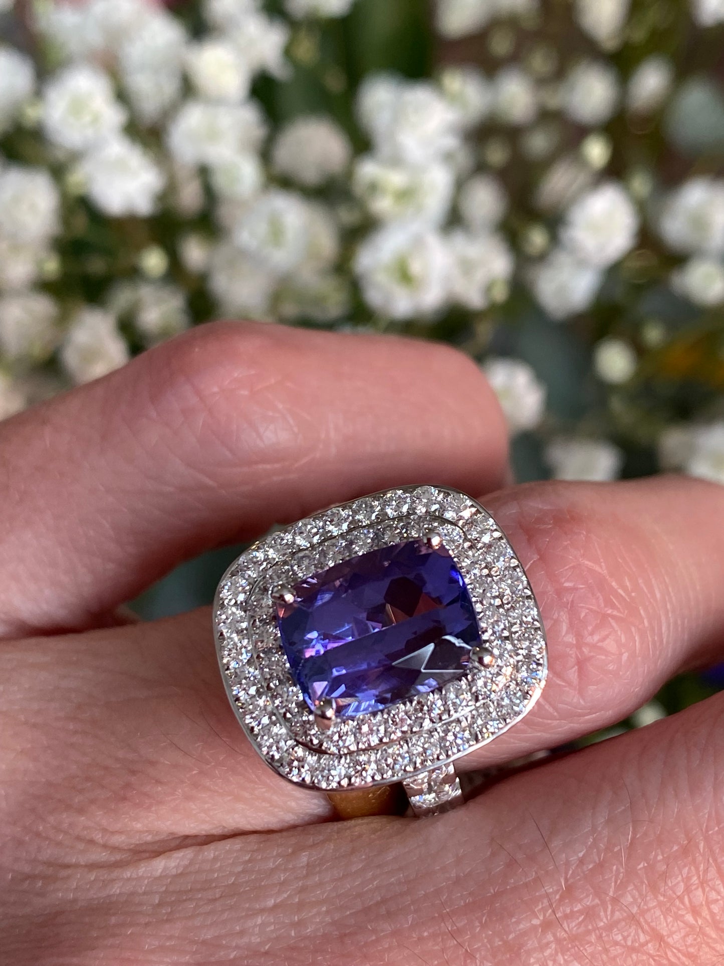 5.42 Carat Cushion Cut Tanzanite and 1.68 ctw Natural Diamond Cocktail Ring in Platinum