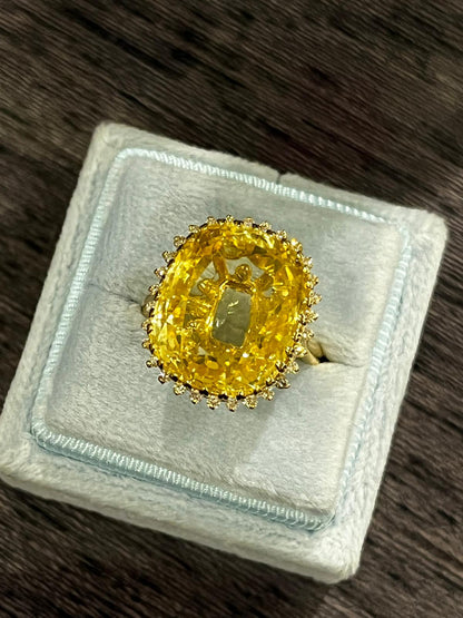 Masterpiece 19.23 Carat Certified Antique Unheated Yellow Sapphire and Diamond Ring