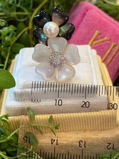 Statement Pearl, Diamond, and Mother of Pearl Flower Earrings in 18ct White Gold