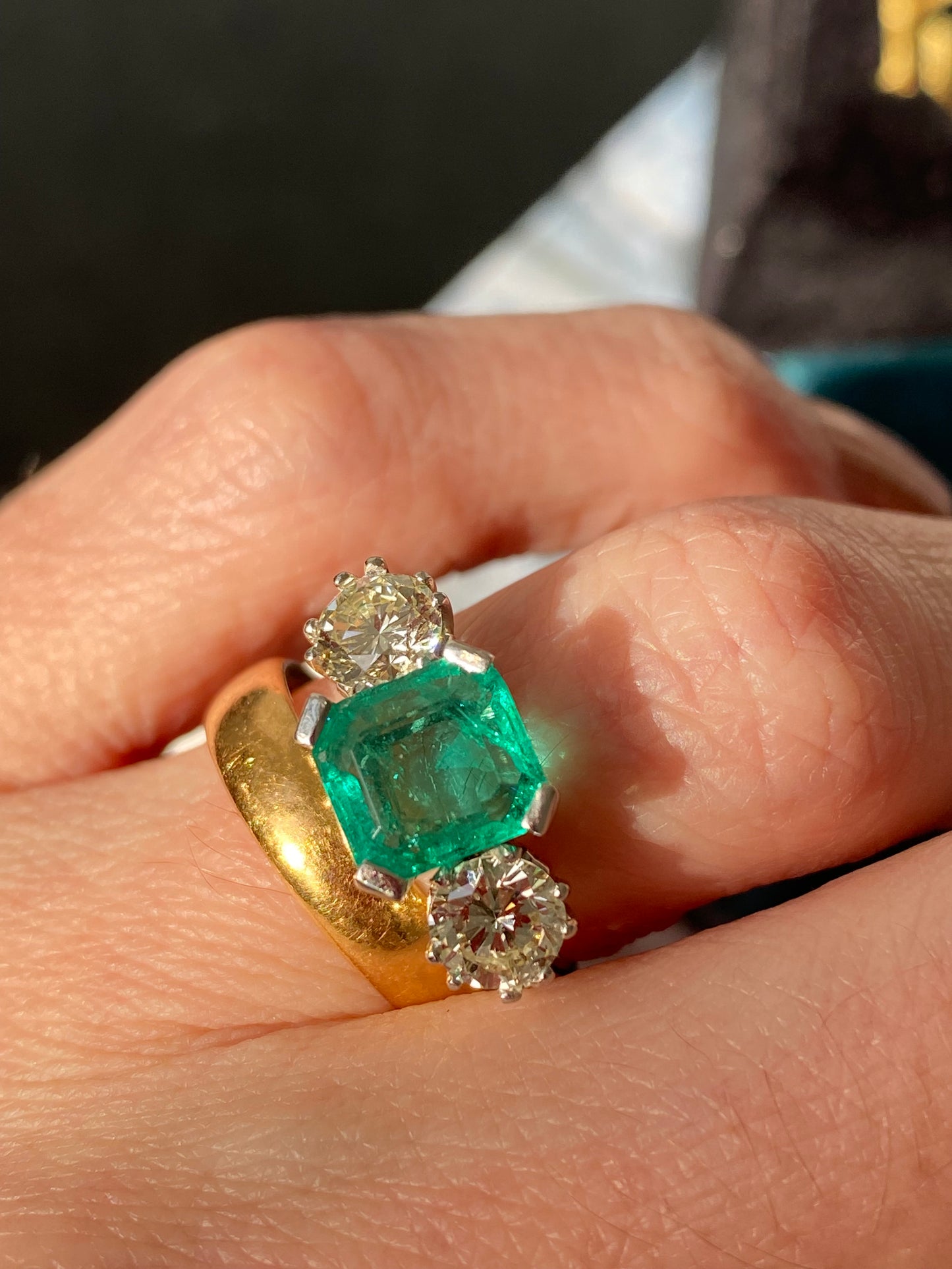 3.50 CTW Colombian Emerald and Diamond Three Stone Engagement Ring in Platinum