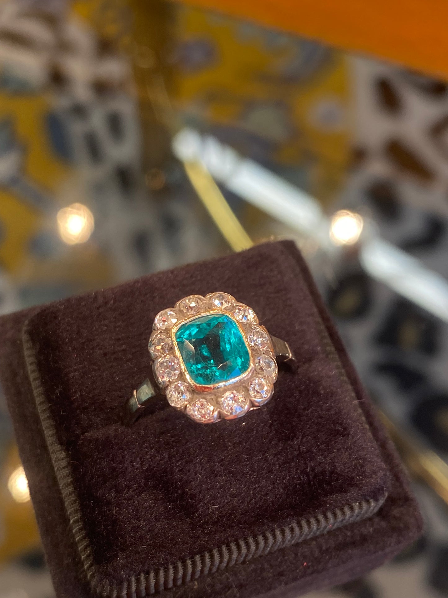 Antique Colombian Emerald and Old Cut Diamond Halo Ring in 18ct Yellow Gold