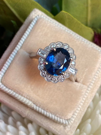 2.79 Carat Blue Ceylon Sapphire and 0.56ctw Natural Diamond Halo Ring in Platinum