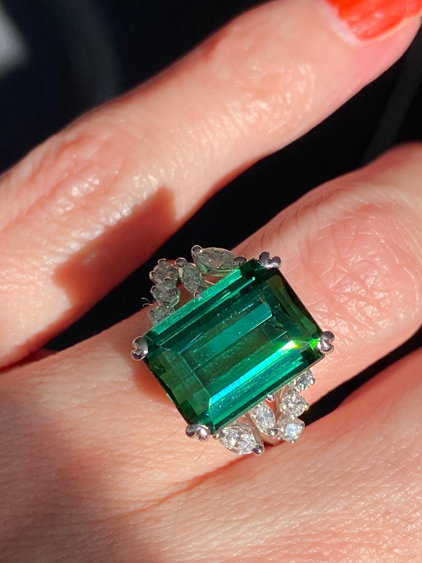 8.00 Carat Emerald Cut Green Tourmaline and Diamond Ring in 18ct White Gold