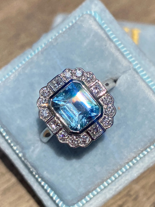 2.23 CTW Cushion Cut Aquamarine and Natural Diamond Engagement Ring in Platinum