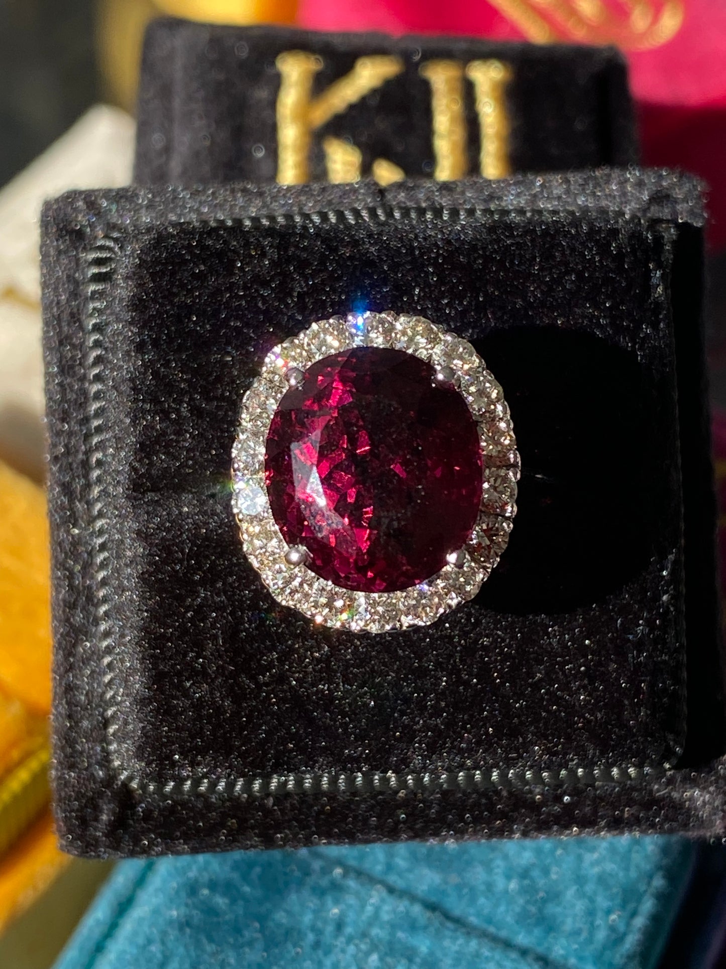 7.50 Carat Rhodolite Garnet and Diamond Halo Cocktail Ring in 18ct White Gold