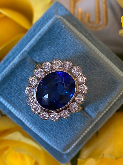 5.35 Carat Blue Ceylon Sapphire and Diamond Halo Ring in 18ct Gold