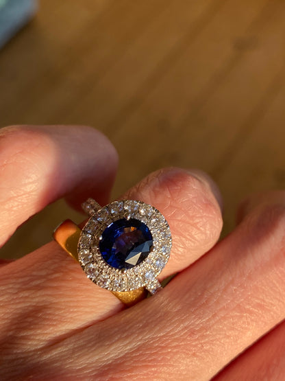 3.33 CTW Blue Ceylon Sapphire and Natural Diamond Halo Ring in Platinum