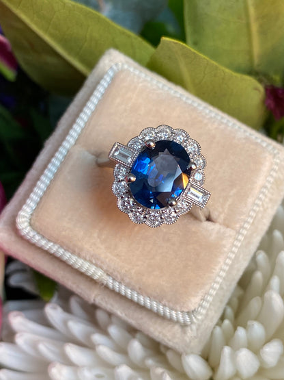 2.79 Carat Blue Ceylon Sapphire and 0.56ctw Natural Diamond Halo Ring in Platinum