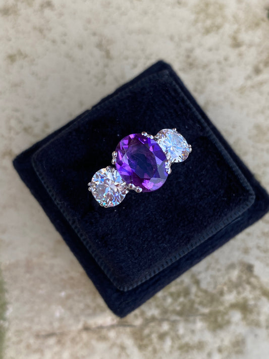 2.57 Carat Amethyst and 1.84 Carat Moissanite Three Stone Ring