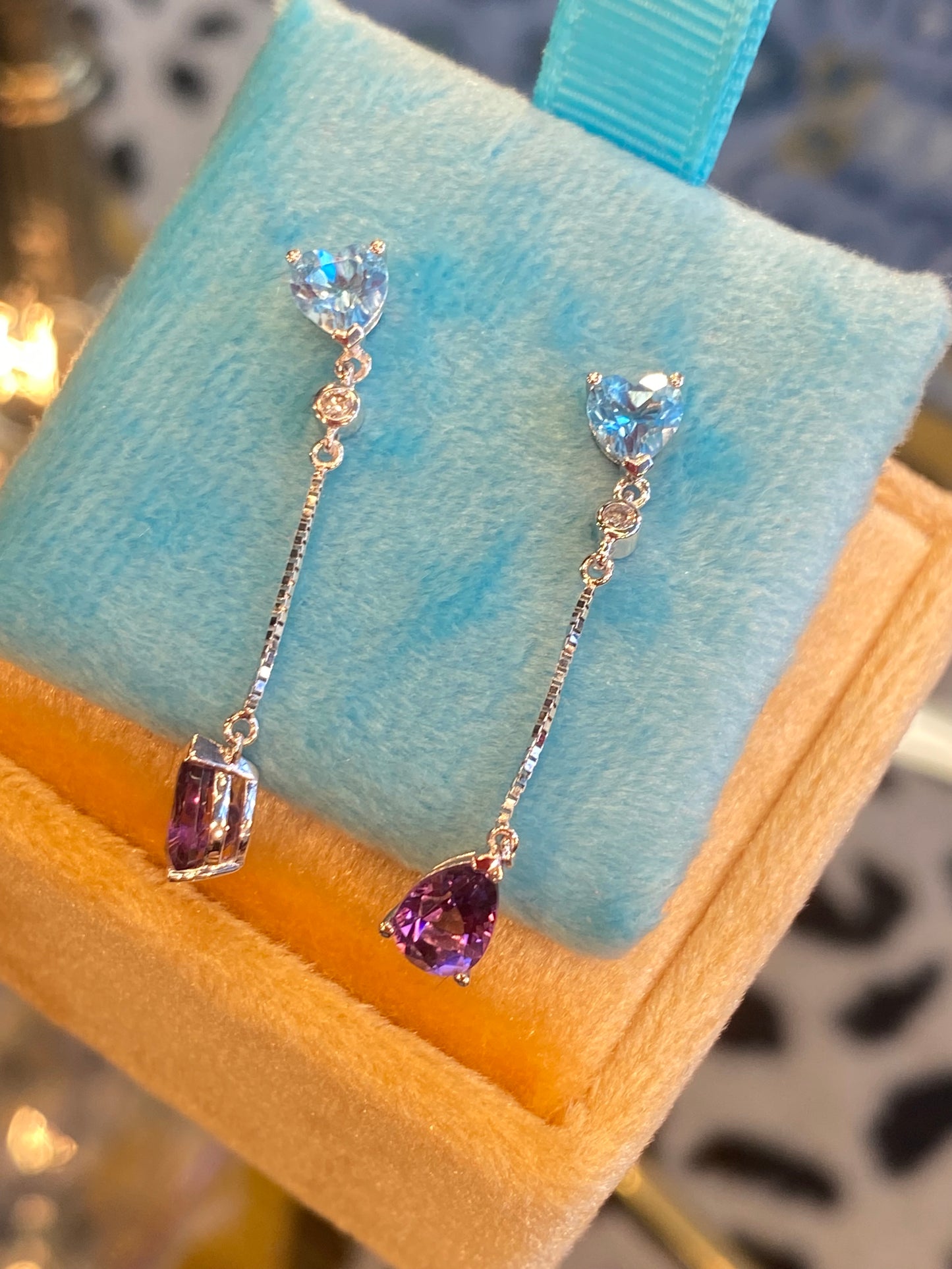 Pear Cut Amethyst, Heart Cut Topaz, and Diamond Drop Earrings in 18ct White Gold