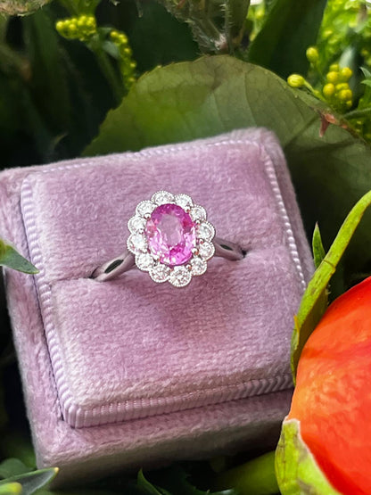 1.94 CTW Oval Cut Pink Sapphire and Natural Diamond Halo Engagement Ring in Platinum