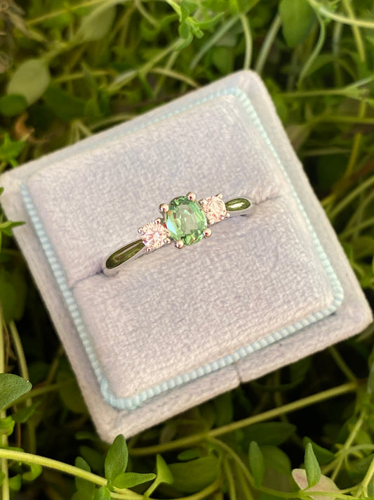 0.40 Carat Tsavorite Garnet and 0.20 Carat Diamond Three Stone Engagement Ring in Platinum