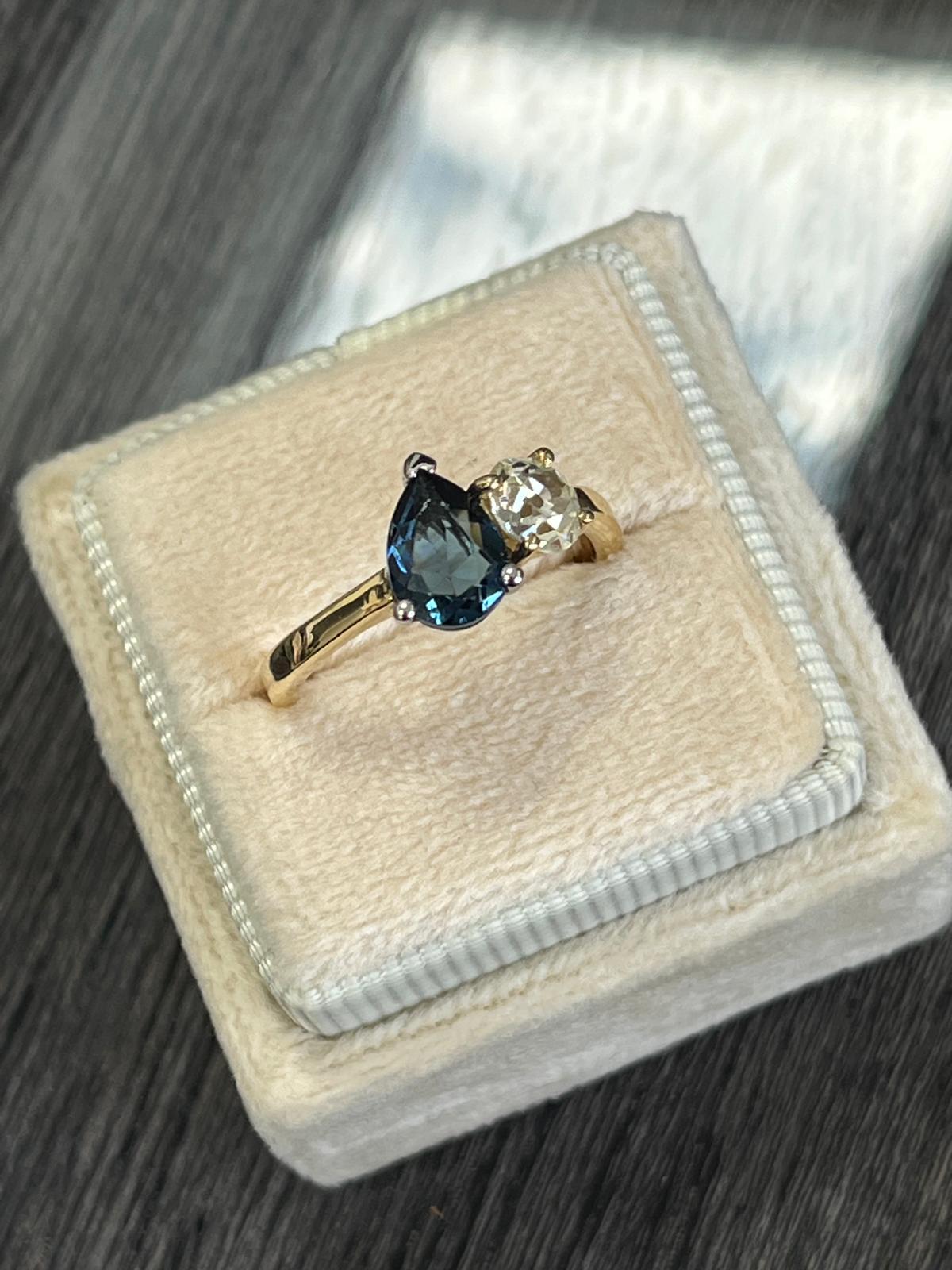 1.49 CTW Antique Diamond and Blue Sapphire Toi et Moi Ring in 18ct Gold