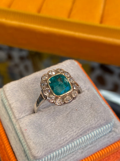 Antique Colombian Emerald and Old Cut Diamond Halo Ring in 18ct Yellow Gold