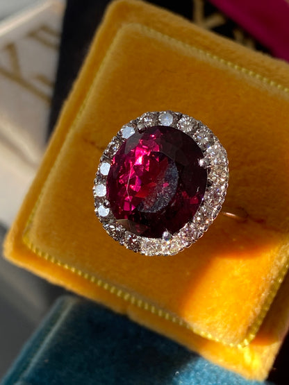 7.50 Carat Rhodolite Garnet and Diamond Halo Cocktail Ring in 18ct White Gold