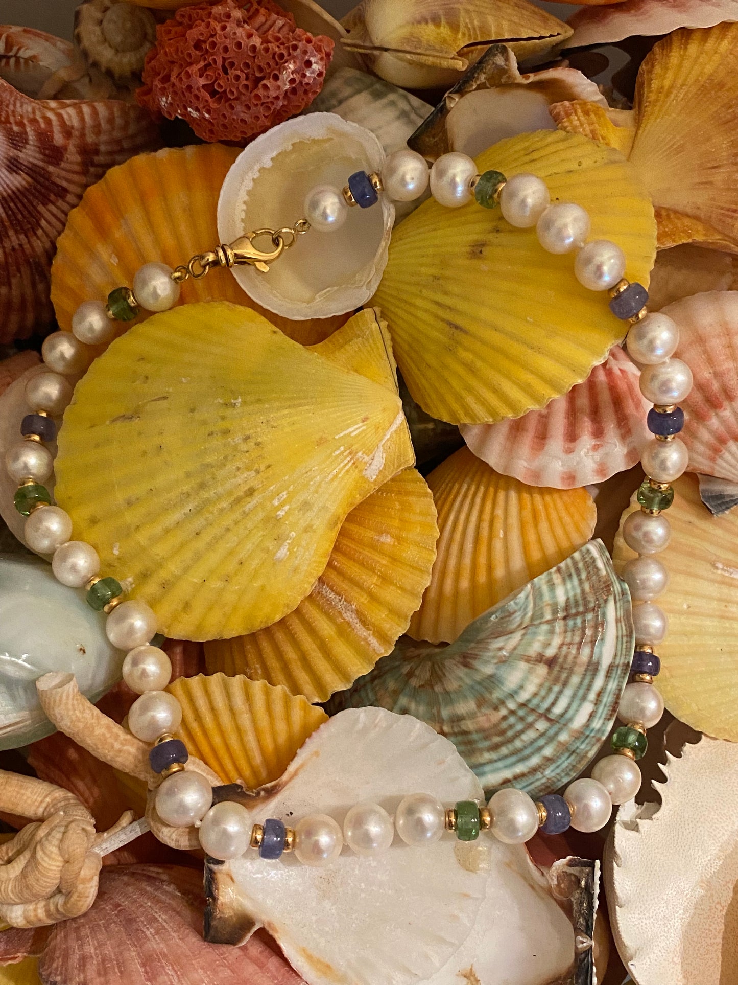 Cultured Pearl, Emerald, and Sapphire Necklace with 18ct Yellow Gold Clasp