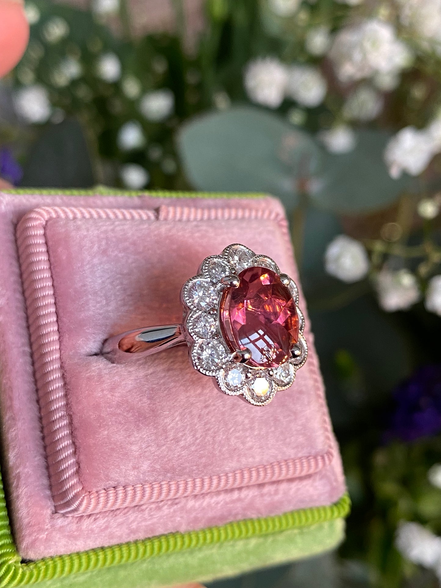 2.64 Carat Oval Cut Pink Tourmaline and 1.02ctw Natural Diamond Ring in Platinum