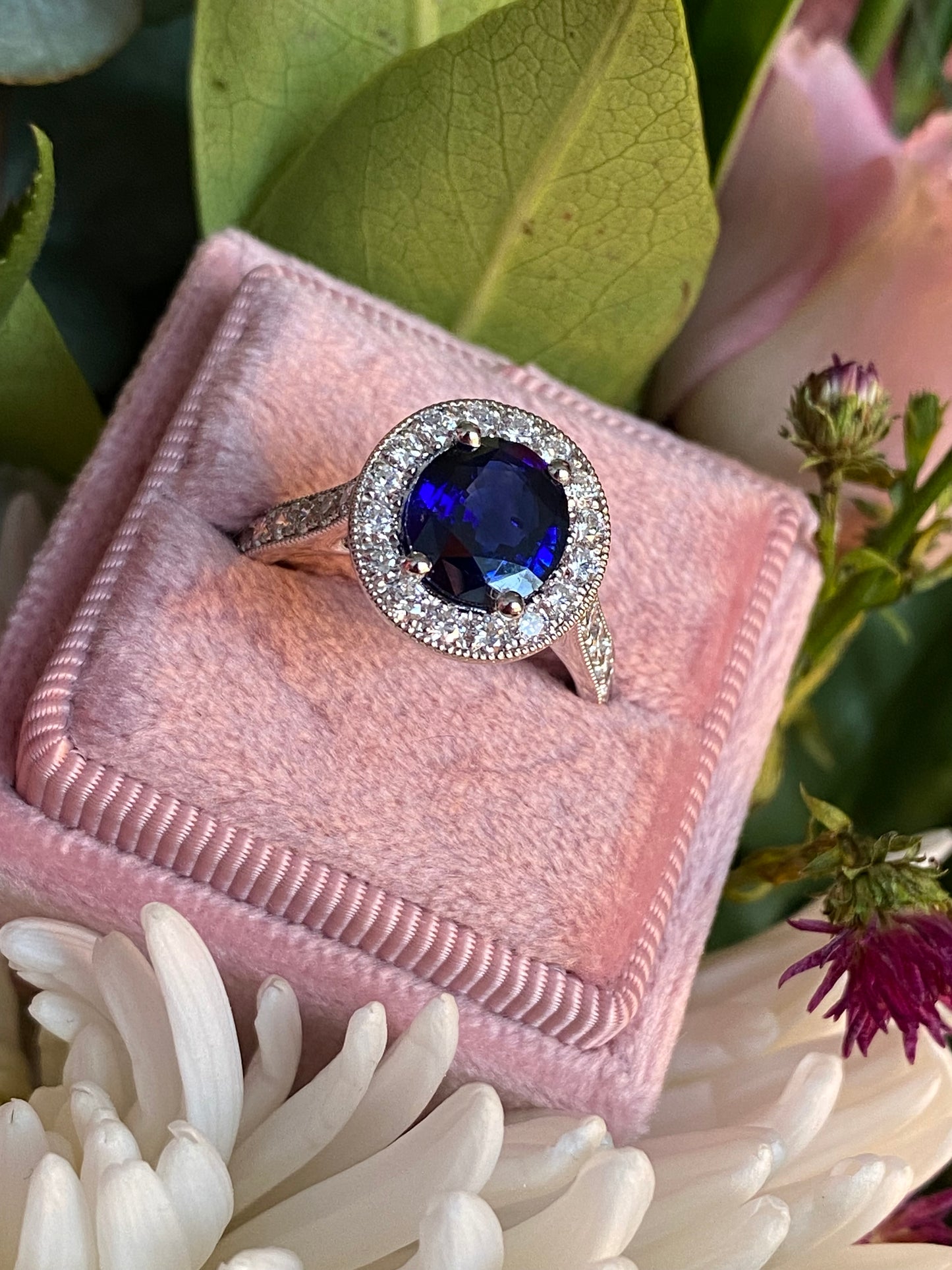 2.10 Carat Blue Ceylon Sapphire and 0.77ctw Natural Diamond Halo Ring in Platinum