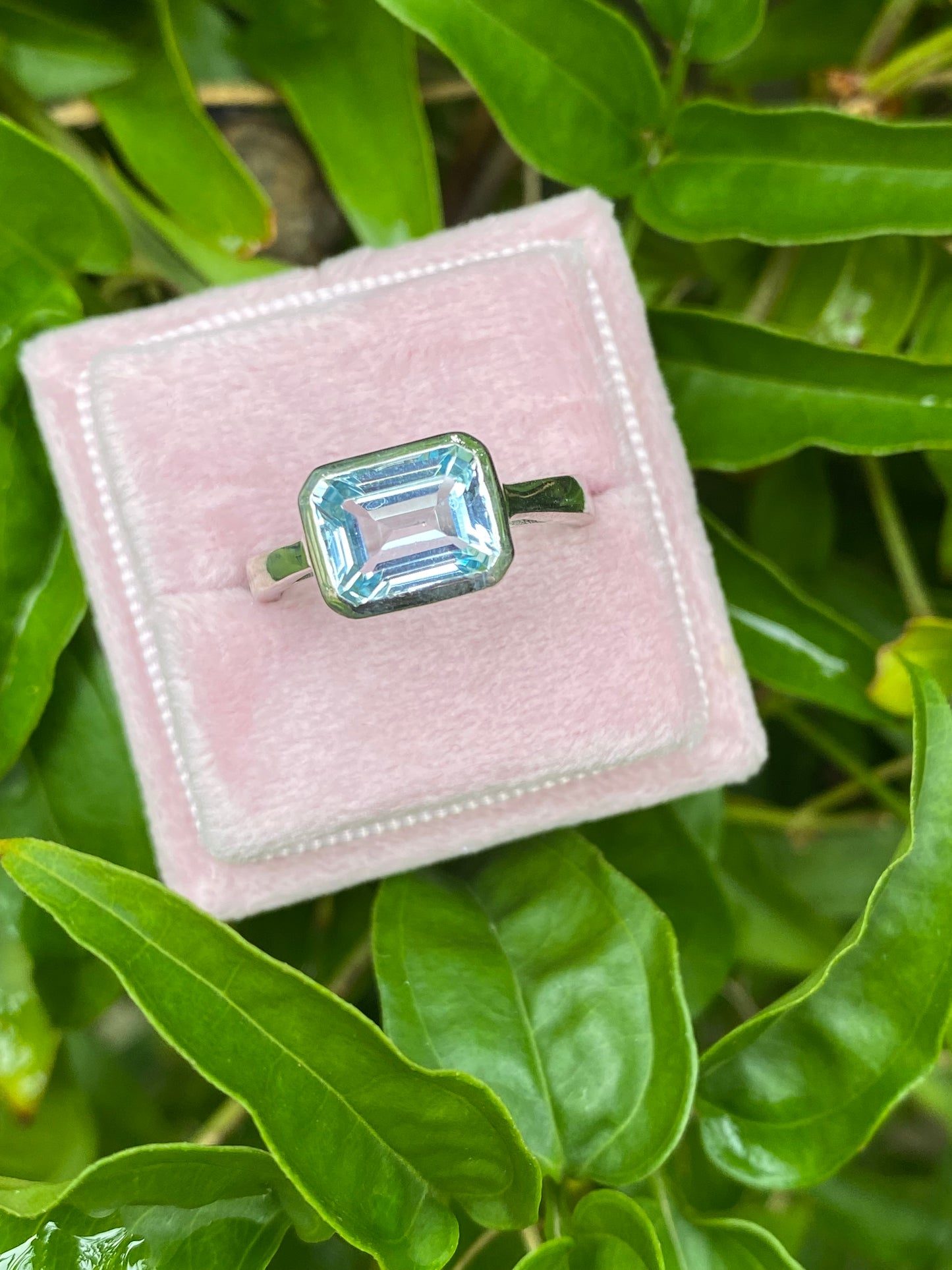 3.00 Carat Emerald Cut Blue Topaz East West Solitaire Ring in Sterling Silver