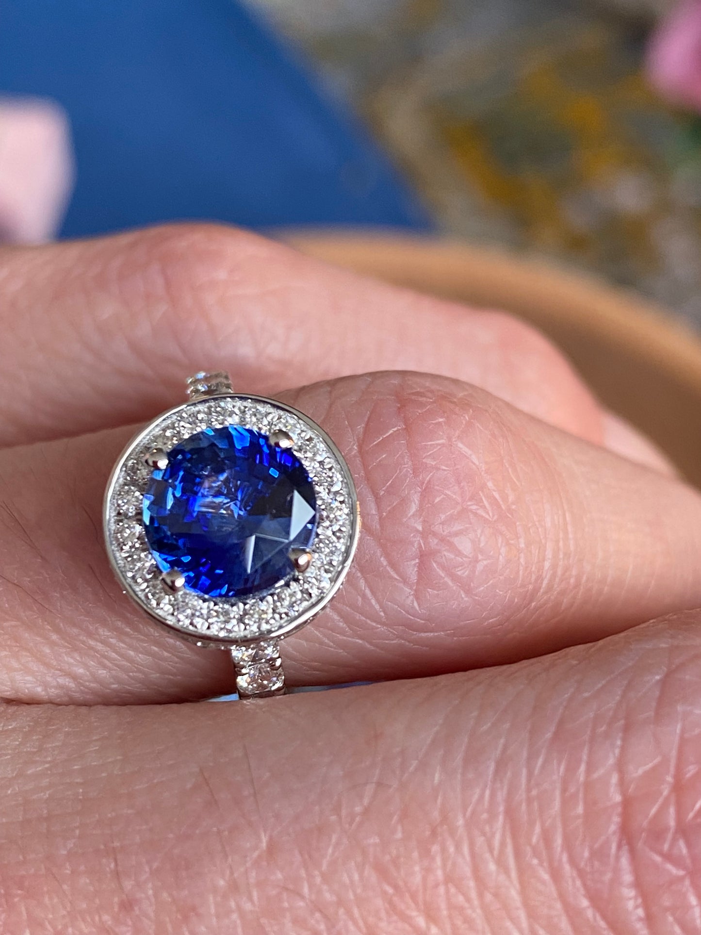 3.65 CTW Blue Ceylon Sapphire and Natural Diamond Double Halo Ring in Platinum