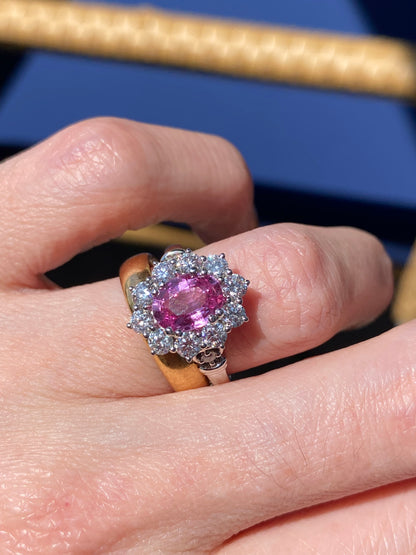 2.65 CTW Oval Cut Pink Sapphire and Natural Diamond Halo Ring in Platinum