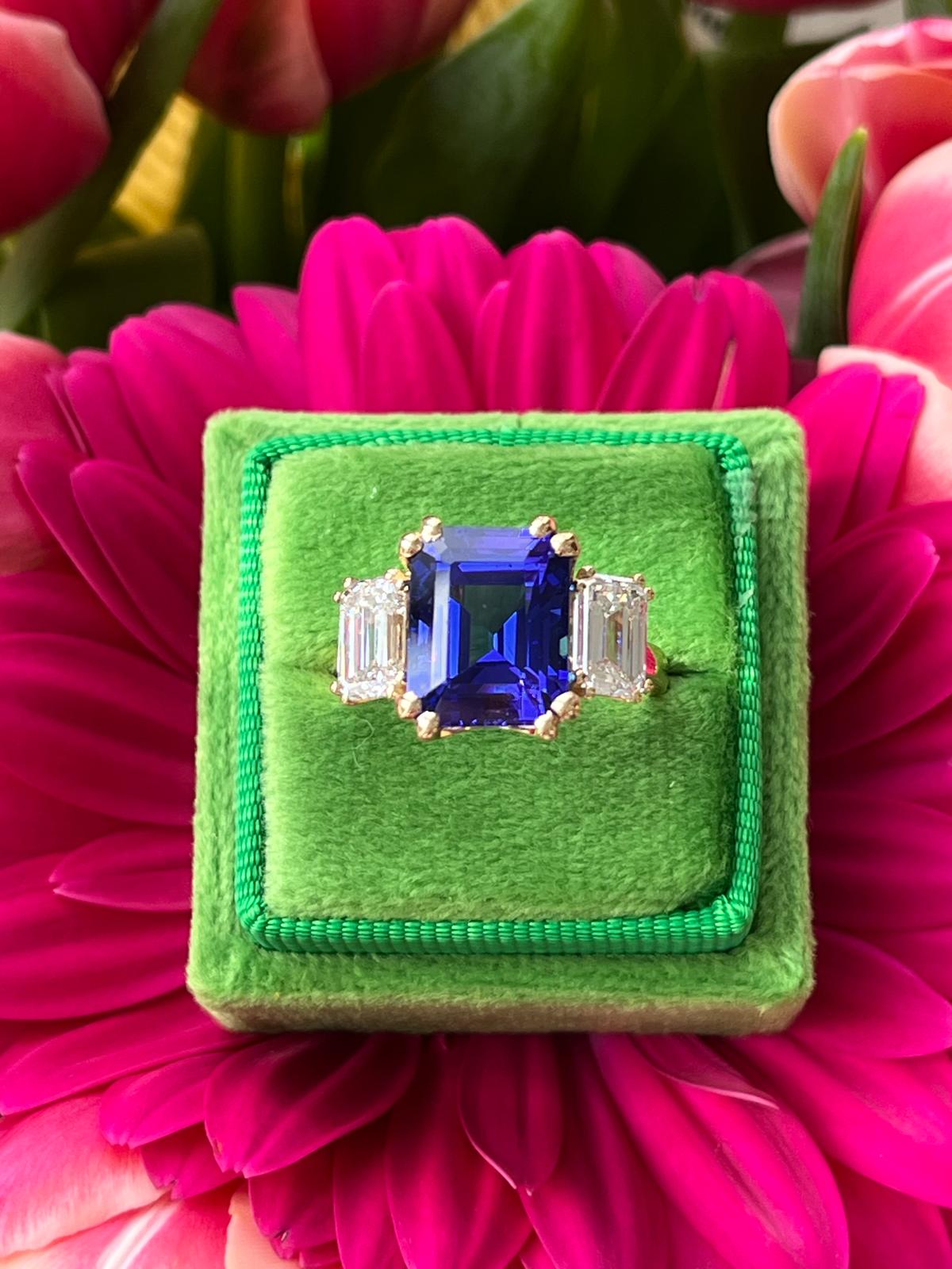 6.79 Carat Emerald Cut Tanzanite and 2.00ctw Diamond Ring in 18ct Yellow Gold